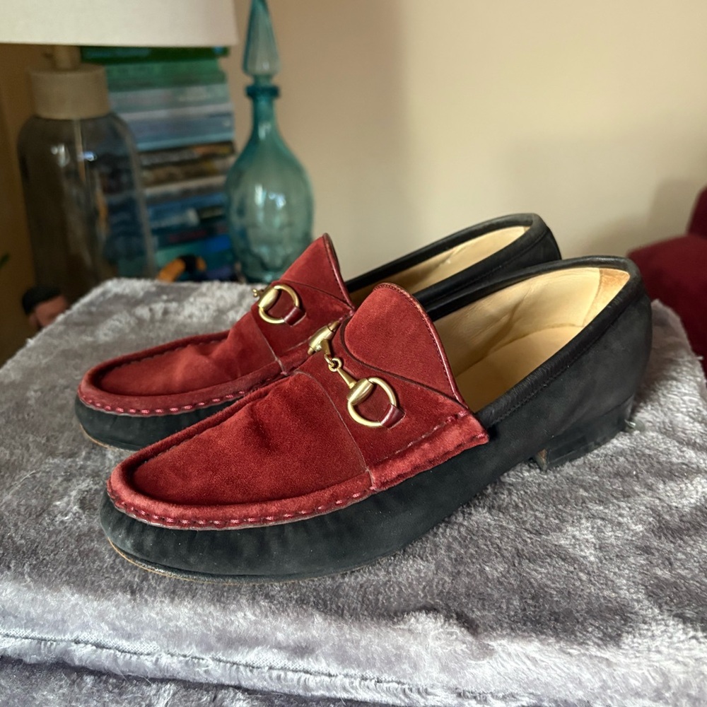 Vintage Gucci loafers burgundy and black two tone with gold tone horsebit - Picture 1 of 12